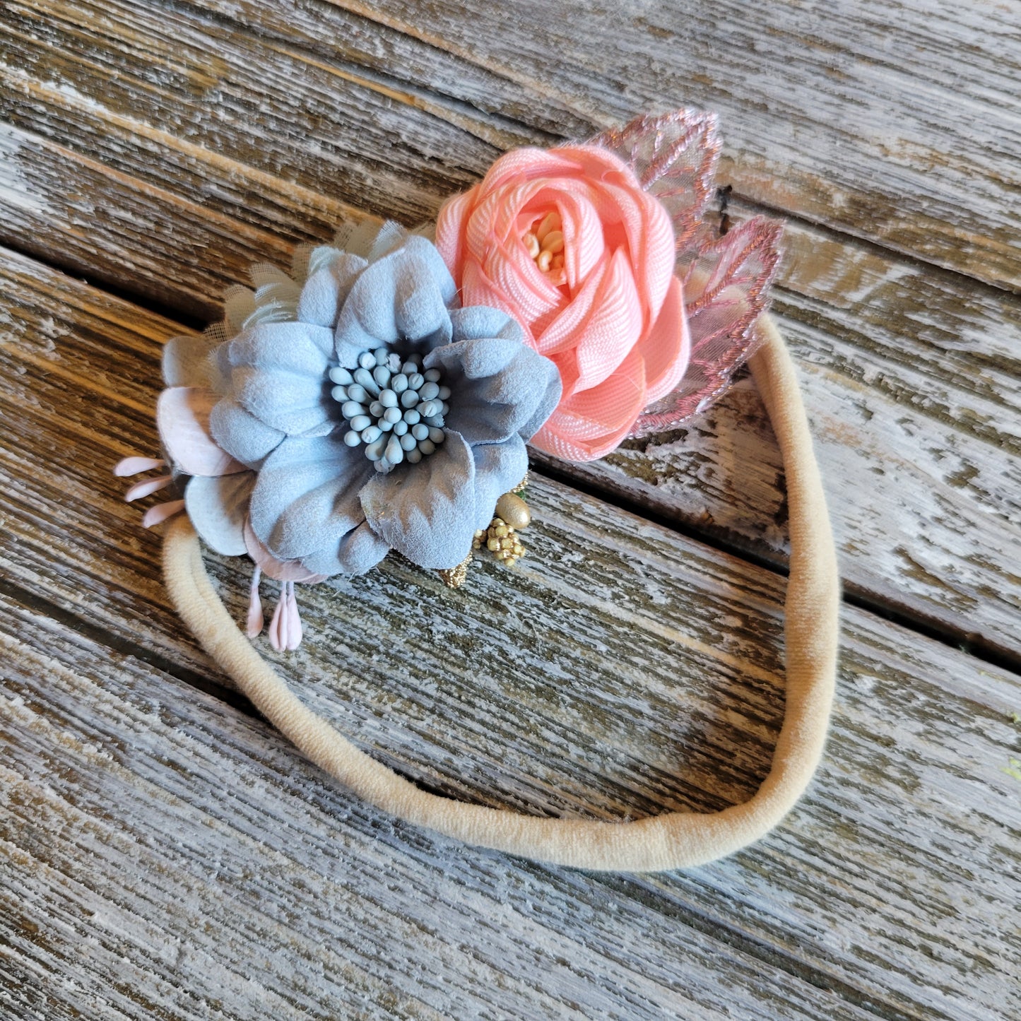 Blue & Pink Flower Accent on Soft Nylon Headband