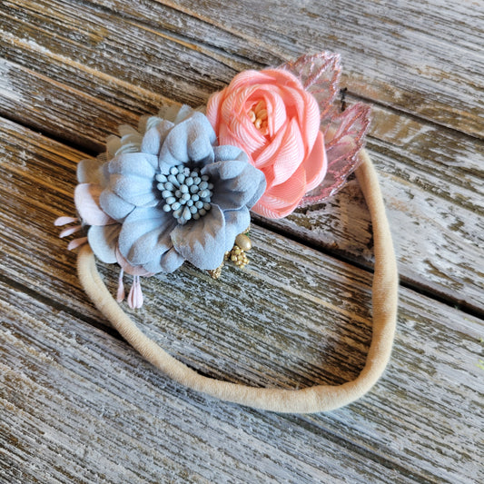 Blue & Pink Flower Accent on Soft Nylon Headband